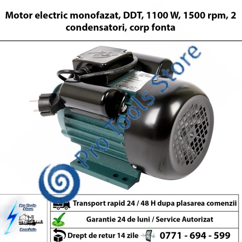  Motor electric monofazat, DDT, 1100 W, 1500 rpm, 2 condensatori, corp fonta 