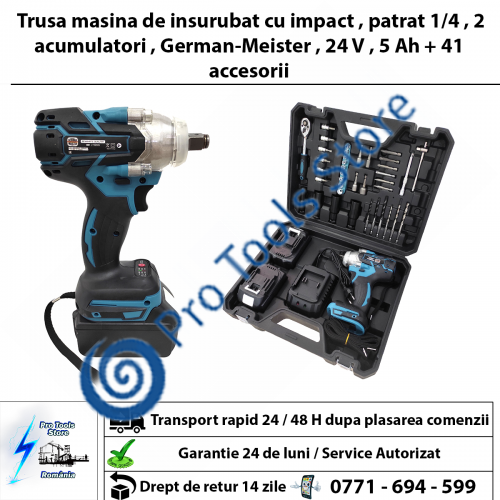Trusa masina de insurubat cu impact , patrat 1/4 , 2 acumulatori , German-Meister , 24 V , 5 Ah + 41 accesorii Trusa masina de insurubat cu impact , patrat 1/4 , 2 acumulatori , German-Meister , 24 V , 5 Ah + 41 accesorii
