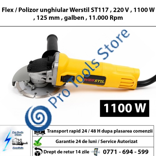 Flex / Polizor unghiular Werstil ST117 , 220 V , 1100 W , 125 mm , galben , 11.000 Rpm