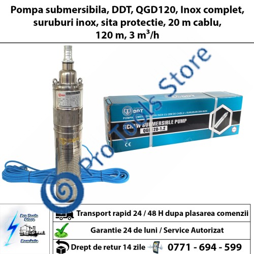  Pompa submersibila, DDT, QGD120, Inox complet, suruburi inox, sita protectie, 20 m cablu, 120 m, 3 m³/h 