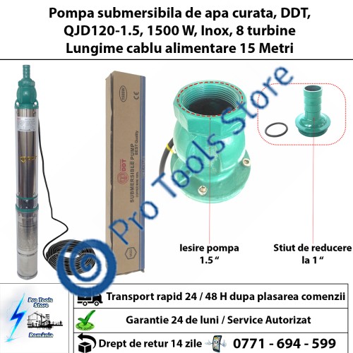  Pompa submersibila de mare adancime, DDT, QJD120-1.5, 1500 W, Inox, 8 turbine . apa curata