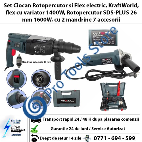 Set Ciocan Rotopercutor si Flex electric, KraftWorld, flex cu variator 1400W, Rotopercutor SDS-PLUS 26 mm 1600W, cu 2 mandrine 7 accesorii 