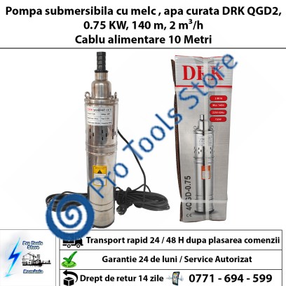 Pompa submersibila cu melc , apa curata DRK QGD2, 0.75 KW, 140 m, 2 m³/h 