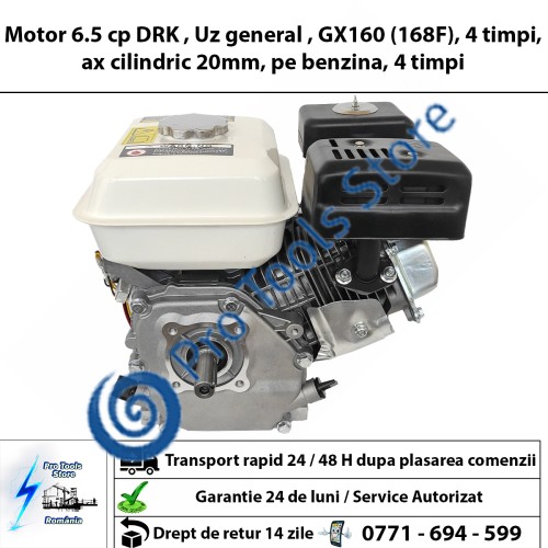 Motor 6.5 cp DRK , Uz general , GX160 (168F), 4 timpi, ax cilindric 20mm, pe benzina, 4 timpi 