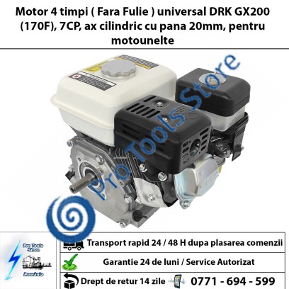  Motor 4 timpi ( Fara Fulie ) universal DRK GX200 (170F), 7CP, ax cilindric cu pana 20mm, pentru motounelte 