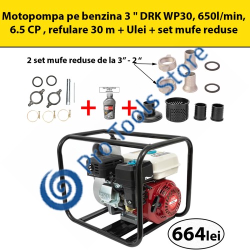 Motopompa pe benzina 3 " DRK WP30, 650l/min, 6.5 CP , refulare 30 m + Ulei + set mufe reduse