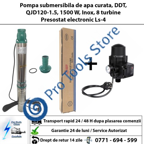  Pompa submersibila de mare adancime, DDT, QJD120-1.5, 1500 W, Inox, 8 turbine . apa curata + Presostat electronic 