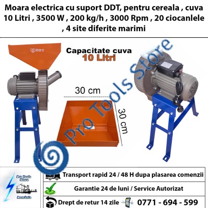 Moara electrica cu suport DDT, pentru cereala , cuva 10 Litri , 3500 W , 200 kg/h , 3000 Rpm , 20 ciocanlele , 4 site diferite marimi