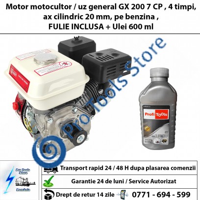 Motor motocultor / uz general GX 200 7.5 CP , 4 timpi, ax cilindric 20 mm, pe benzina , FULIE INCLUSA + Ulei 600 ml