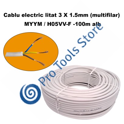 Cablu electric litat 3 X 1.5mm (multifilar) MYYM / H05VV-F, Rola 100 metri, alb