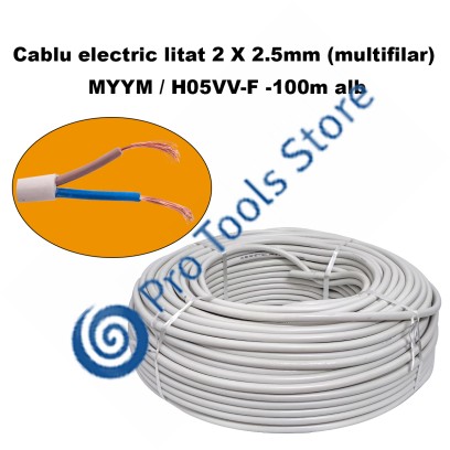 Cablu electric litat 2 X 2.5mm (multifilar) MYYM / H05VV-F, Rola 100 metri, alb