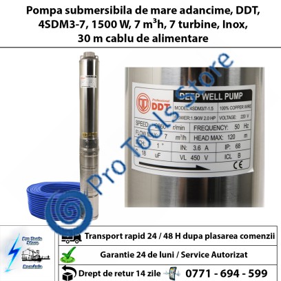 Pompa submersibila de mare adancime, DDT, 4SDM3-7, 1500 W, 7 m³/h, 7 turbine, Inox, 30 m cablu