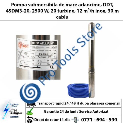 Pompa submersibila de mare adancime, DDT, 4SDM3-20, 2500 W, 20 turbine, 12 m³/h Inox, 30 m cablu