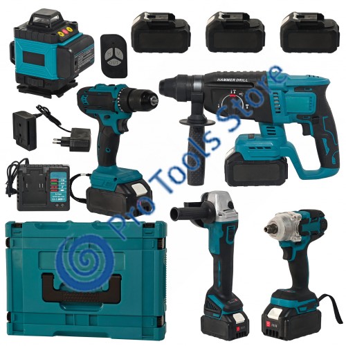 Trusa 5 piese, KraftRoyal, Autofiletanta, Impact 2 in 1, Rotopercutor, Polizor Unghiular, Nivela laser , 36v, 8Ah, Model nou