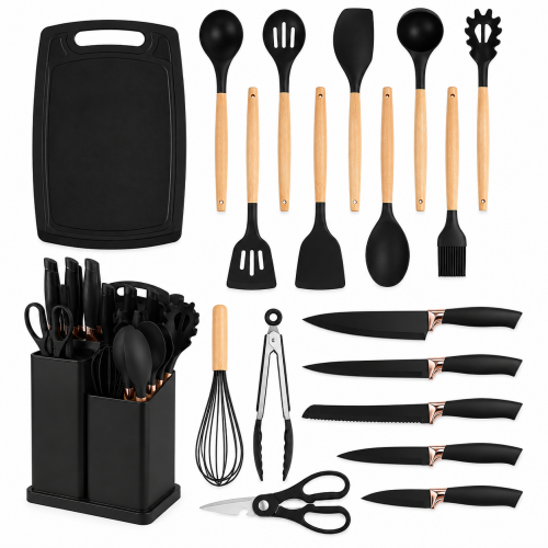 Set Ustensile de Bucătărie 19 Piese, 5 Cuțite, Ustensile din Silicon, Tocător, Foarfecă și Suport Organizator, Negru Set Ustensile de Bucătărie 19 Piese, 5 Cuțite, Ustensile din Silicon, Tocător, Foarfecă și Suport Organizator, Negru