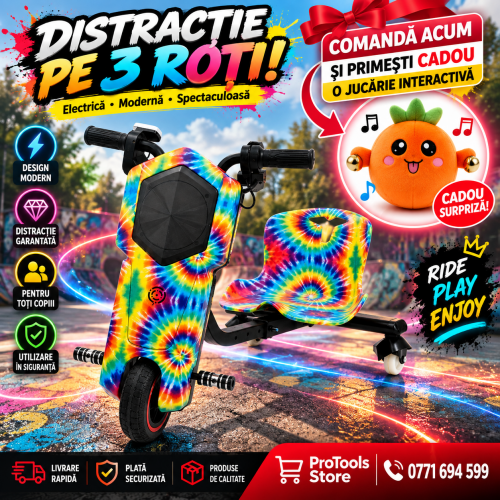 Tricicletă Electrică Copii cu Drift 360° – 350W, 36V, Bluetooth + Difuzor, Lumini LED, 20 km/h,Curcubeu