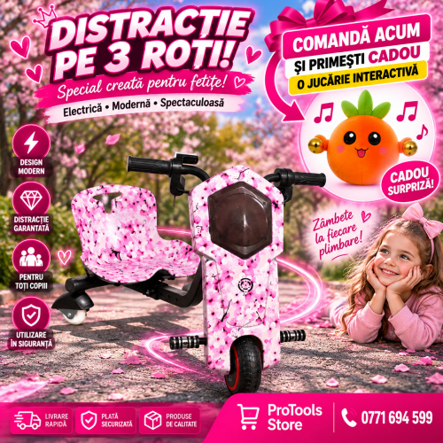 Tricicletă Electrică Copii cu Drift 360° – 350W, 36V, Bluetooth + Difuzor, Lumini LED, 20 km/h, Roses