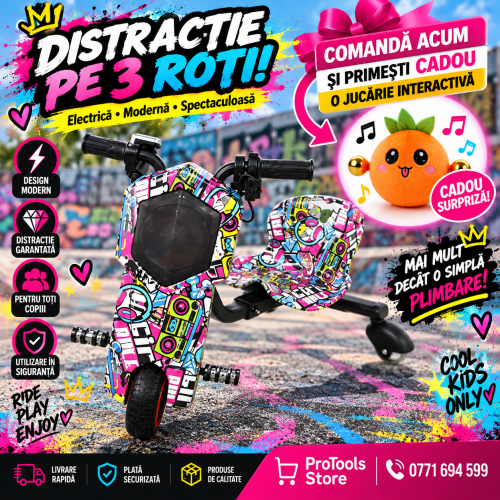 Tricicletă Electrică Copii cu Drift 360° – 350W, 36V, Bluetooth + Difuzor, Lumini LED, 20 km/h, Party-Show