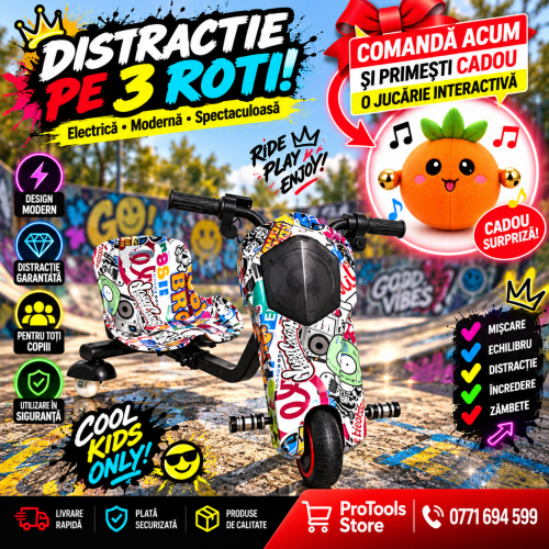 Tricicletă Electrică Copii cu Drift 360° – 350W, 36V, Bluetooth + Difuzor, Lumini LED, 20 km/h, Multicolor 1