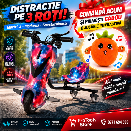 Trotinetă Electrică Drift Trike pentru Copii cu Scaun, Rotire 360°, 3 Roți, Design Galaxy