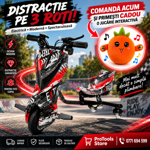 Trotinetă Electrică Drift Trike pentru Copii cu Scaun, Rotire 360°, 3 Roți – Model EXTREME