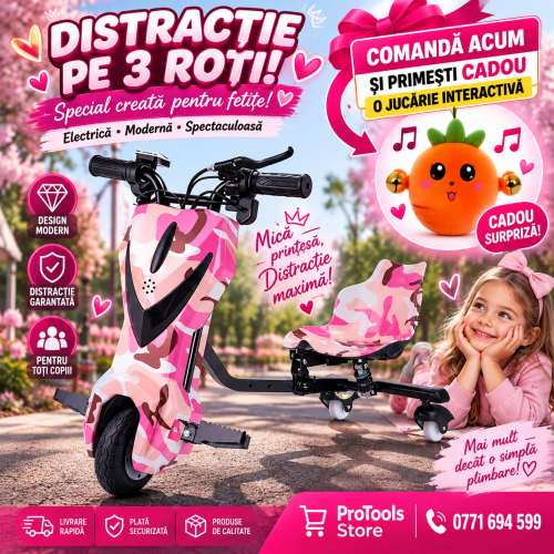 Trotinetă Electrică Drift Trike pentru Copii cu Scaun, Rotire 360°, 3 Roți – Model PINK CAMO Trotinetă Electrică Drift Trike pentru Copii cu Scaun, Rotire 360°, 3 Roți – Model PINK CAMO
