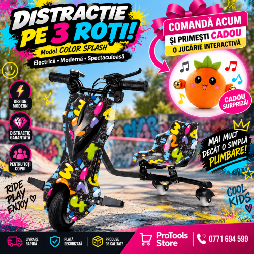 Trotinetă Electrică Drift Trike pentru Copii cu Scaun, Rotire 360°, 3 Roți – Model COLOR SPLASH