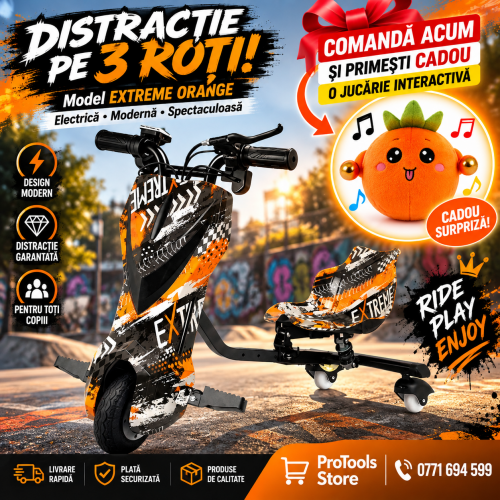 Trotinetă Electrică Drift Trike pentru Copii cu Scaun, Rotire 360°, 3 Roți – Model EXTREME ORANGE