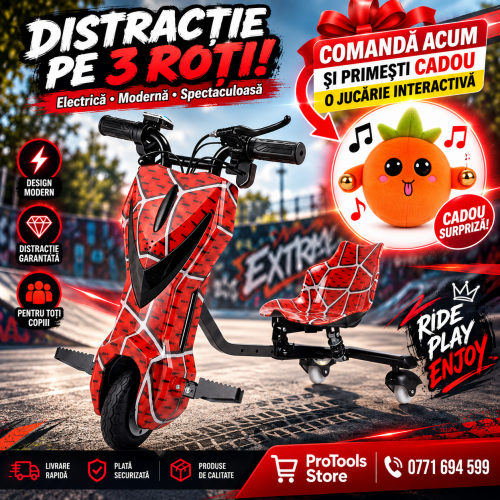Trotinetă Electrică Drift Trike pentru Copii cu Scaun, Rotire 360°, 3 Roți – Model Spider-Man