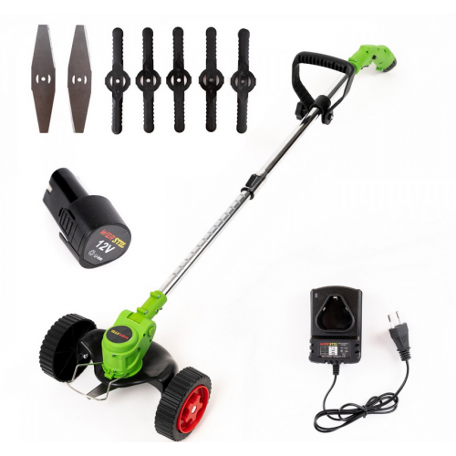 Motocoasa tip trimmer Werstil, acumulator 12V, cu roti, tija extensibila, 7 lame