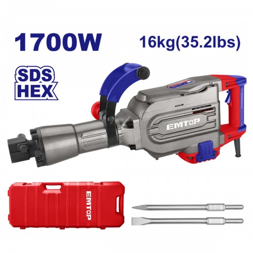 Ciocan rotopercutor demolator mandrina-HEX , 1700W, 45 J,dalta & spit incluse, Rata de impact 1400 bpm , EMTOP-Profesional