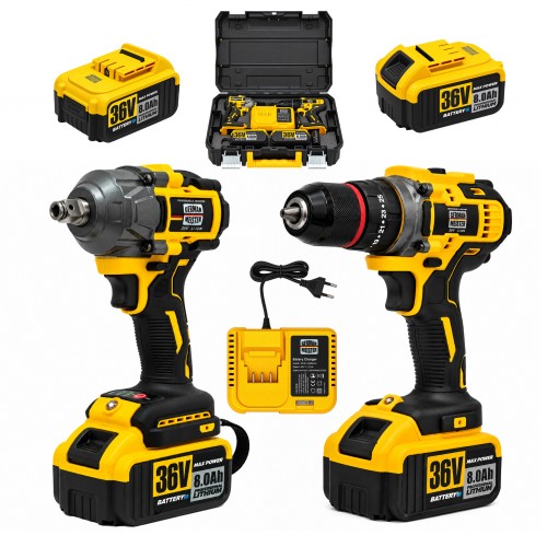 Set 2 scule cu acumulator German Meister 36V, Cheie de impact 350 Nm + Mașină de găurit și înșurubat Brushless 13 mm, 2 acumulatori 8Ah, încărcător, valiză Set 2 scule cu acumulator German Meister 36V, Cheie de impact 350 Nm + Mașină de găurit și înșurubat Brushless 13 mm, 2 acumulatori 8Ah, încărcător, valiză