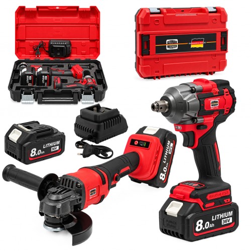 Set Scule cu Acumulator German Meister 36V 8Ah – Cheie de Impact 350 Nm + Polizor Unghiular 125 mm, Brushless, 2 Acumulatori, Încărcător și Valiză