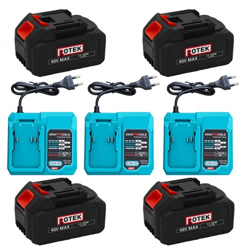 Set Rotek 4 Acumulatori Li-Ion 48V MAX 8.0Ah + 3 Încărcătoare pentru Scule cu Acumulator Set Rotek 4 Acumulatori Li-Ion 48V MAX 8.0Ah + 3 Încărcătoare pentru Scule cu Acumulator