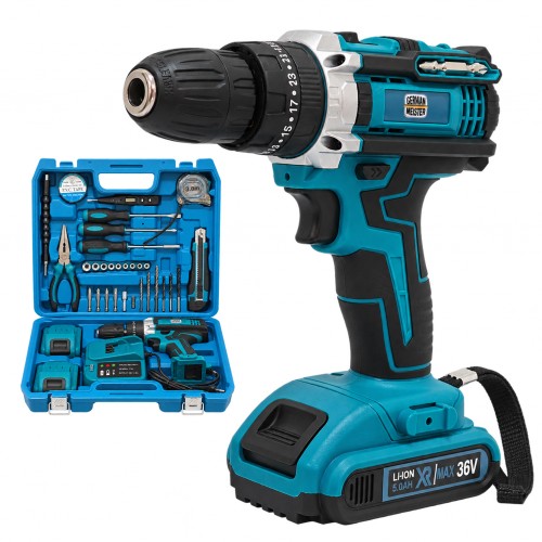Mașină de Găurit și Înșurubat cu Acumulator German Meister 36V, Mandrină 10 mm, 2 Viteze, 2 Acumulatori, Încărcător și Trusă Completă cu Accesorii Mașină de Găurit și Înșurubat cu Acumulator German Meister 36V, Mandrină 10 mm, 2 Viteze, 2 Acumulatori, Încărcător și Trusă Completă cu Accesorii