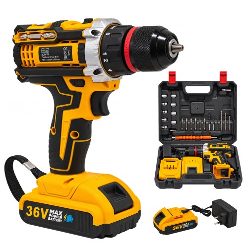 Mașină de găurit și înșurubat cu acumulator German Meister DCD771, 36V, mandrină 10 mm, 2 viteze 0–450 / 0–1500 rpm, 2 acumulatori, încărcător, set accesorii și valiză Mașină de găurit și înșurubat cu acumulator German Meister DCD771, 36V, mandrină 10 mm, 2 viteze 0–450 / 0–1500 rpm, 2 acumulatori, încărcător, set accesorii și valiză