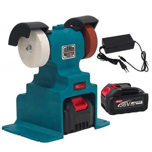 Polizor de Banc cu Acumulator German Meister 36V XGT, Dublu Disc pentru Ascuțire și Lustruire, Acumulator Li-Ion 6Ah, Încărcător Inclus Polizor de Banc cu Acumulator German Meister 36V XGT, Dublu Disc pentru Ascuțire și Lustruire, Acumulator Li-Ion 6Ah, Încărcător Inclus