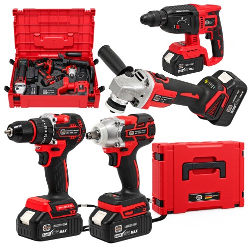 Trusă Profesională German Meister 36V MAX, 4 Scule cu Acumulator, Rotopercutor SDS-Plus Ø26 mm, Autofiletanta, Cheie de Impact, Polizor Unghiular 