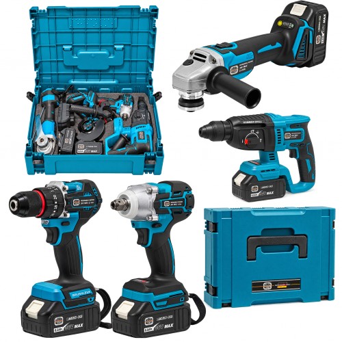 Trusă Profesională German Meister 36V MAX, 4 Scule cu Acumulator, Rotopercutor SDS-Plus 26 mm, Autofiletanta, Cheie de Impact, Polizor Unghiular 