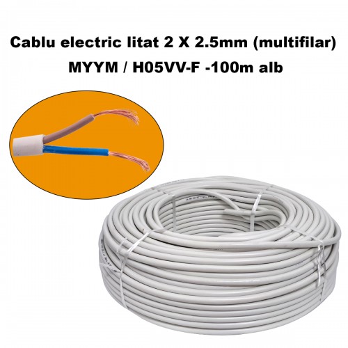 Cablu electric litat 2 X 2.5mm (multifilar) MYYM / H05VV-F, Rola 100 metri, alb