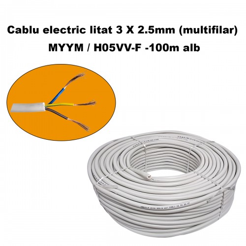 Cablu electric litat 3 X 2.5mm (multifilar) MYYM / H05VV-F, Rola 100 metri, alb