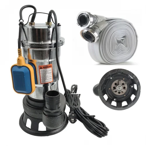 Pachet Pompă Submersibilă Apă Murdară DDT 3000W, 25.000 L/h, Tocător, Plutitor, Corp Inox + Furtun Pompier 2” x 20m cu Cuple