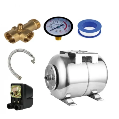 Kit accesorii hidrofor, vas expansiune 24L inox DDT, presostat, manometru, racord 5 cai bronz, furtun racord inox cu cot 60cm