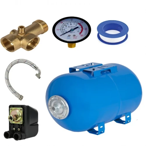 Kit Complet Hidrofor 50L – Vas Expansiune Oțel cu Membrană, Presostat, Manometru 12 Bar, Racord 5 Căi Bronz, Furtun Inox 60 cm