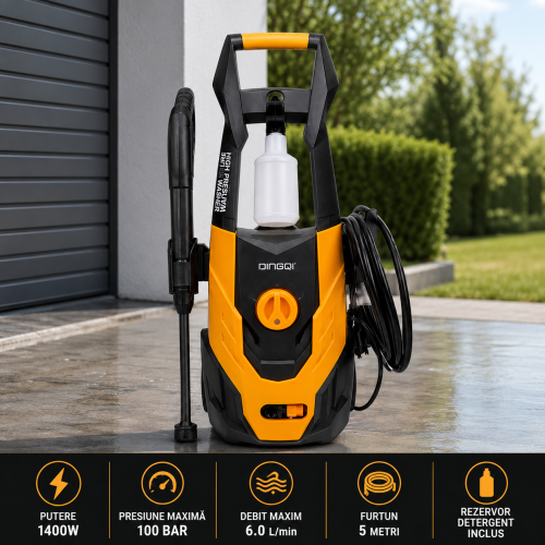 Aparat de spălat cu presiune DINGQI 1400W, 110 Bar, debit 5.6 l/min – Pistol, furtun 5 m și rezervor detergent Aparat de spălat cu presiune DINGQI 1400W, 110 Bar, debit 5.6 l/min – Pistol, furtun 5 m și rezervor detergent