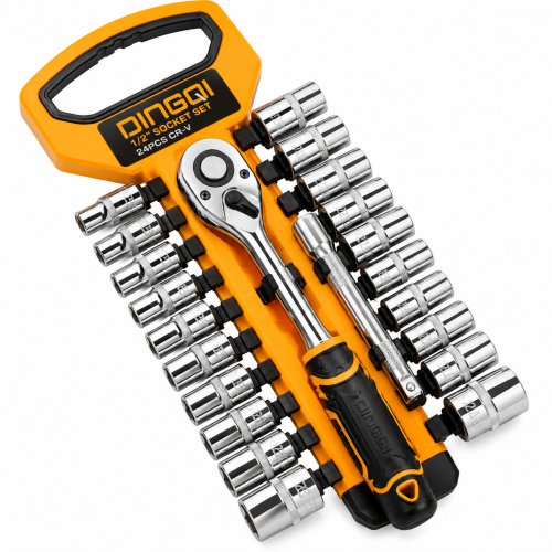 Set Chei Tubulare DINGQI 24 Piese 1/2", 10–32 mm, 6 Colțuri, CR-V – Clichet Profesional și Accesorii Complete