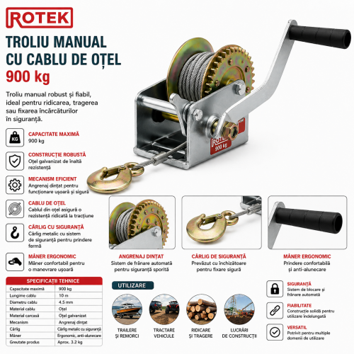 Troliu Manual ROTEK 900 kg, Cablu din Oțel 10 m x 4.8 mm, Raport 4:1 / 8:1, Cârlig cu Siguranță Troliu Manual ROTEK 900 kg, Cablu din Oțel 10 m x 4.8 mm, Raport 4:1 / 8:1, Cârlig cu Siguranță