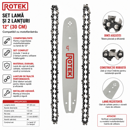 Set Lamă 12" (30 cm) și 2 Lanțuri ROTEK, Pas 1/4", Pentru Mini Drujbă și Motofierăstrău Set Lamă 12" (30 cm) și 2 Lanțuri ROTEK, Pas 1/4", Pentru Mini Drujbă și Motofierăstrău