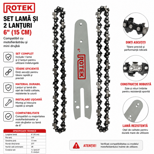 Set Lamă 6" (15 cm) și 2 Lanțuri ROTEK, Pas 1/4", Pentru Mini Drujbă și Fierăstrău cu Acumulator Set Lamă 6" (15 cm) și 2 Lanțuri ROTEK, Pas 1/4", Pentru Mini Drujbă și Fierăstrău cu Acumulator