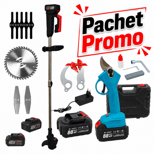 * Promo * Foarfeca de gradina & Trimmer electric Telescopic, 4 acumulatori, 2 incarcatoare 